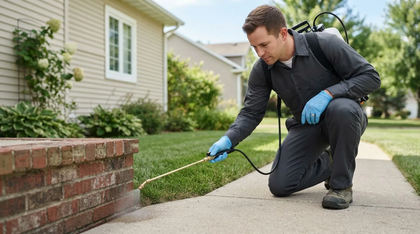 Pest control technician treating a home near Freer, TX