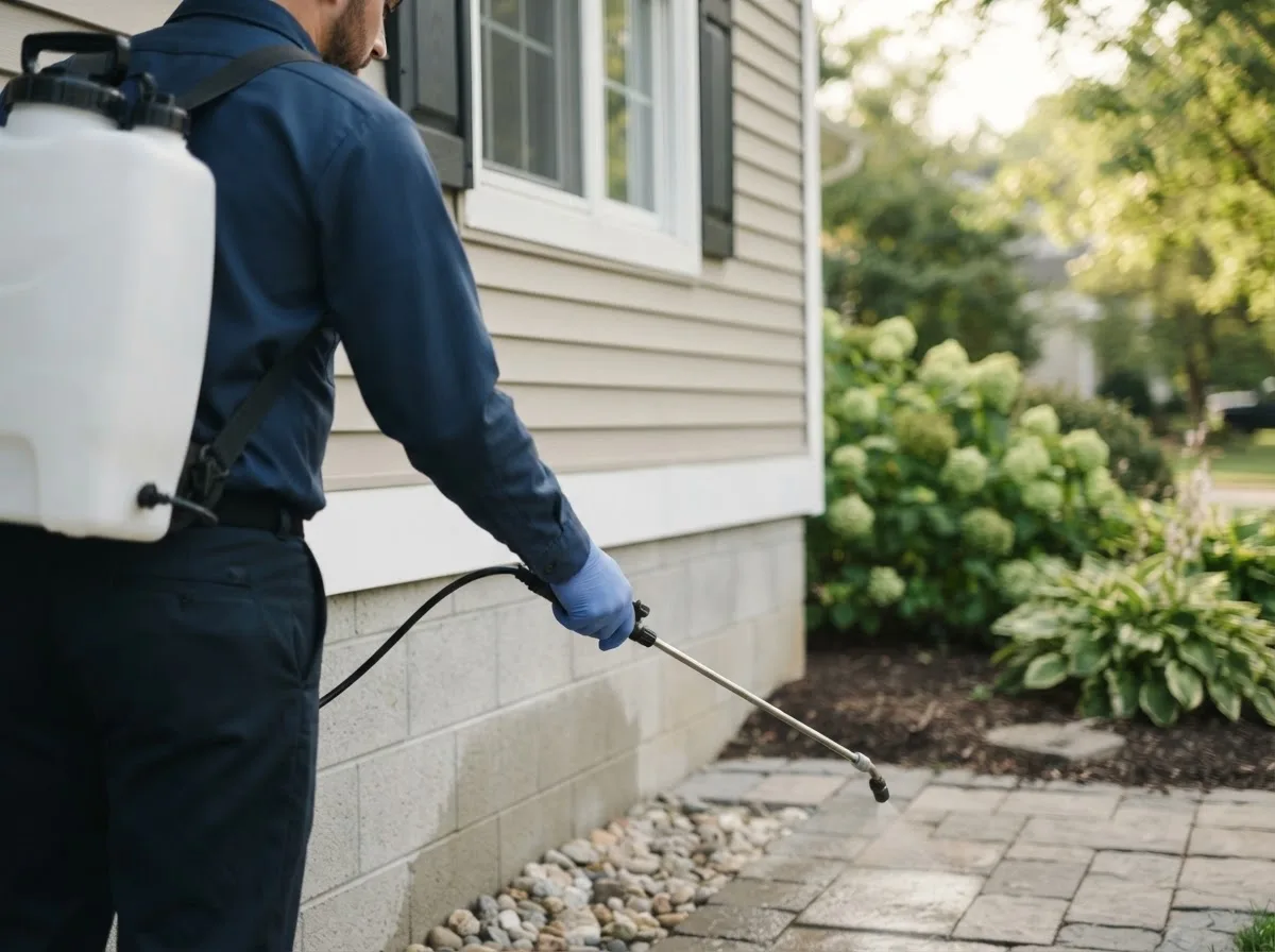 Pest control technician inspecting a home in Freer, TX